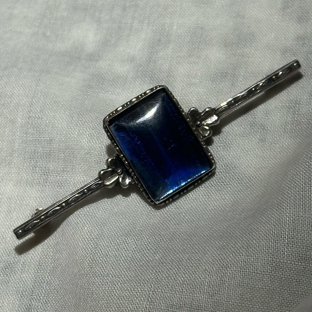 Vintage Sterling Silver & Blue Bow Bar Pin/brooch, Sweet Flower